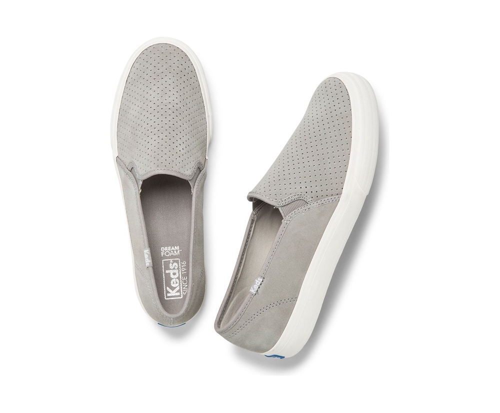 Slip Ons Keds Femme Grise - Double Decker Perf Suede - 859-KHIZVJ